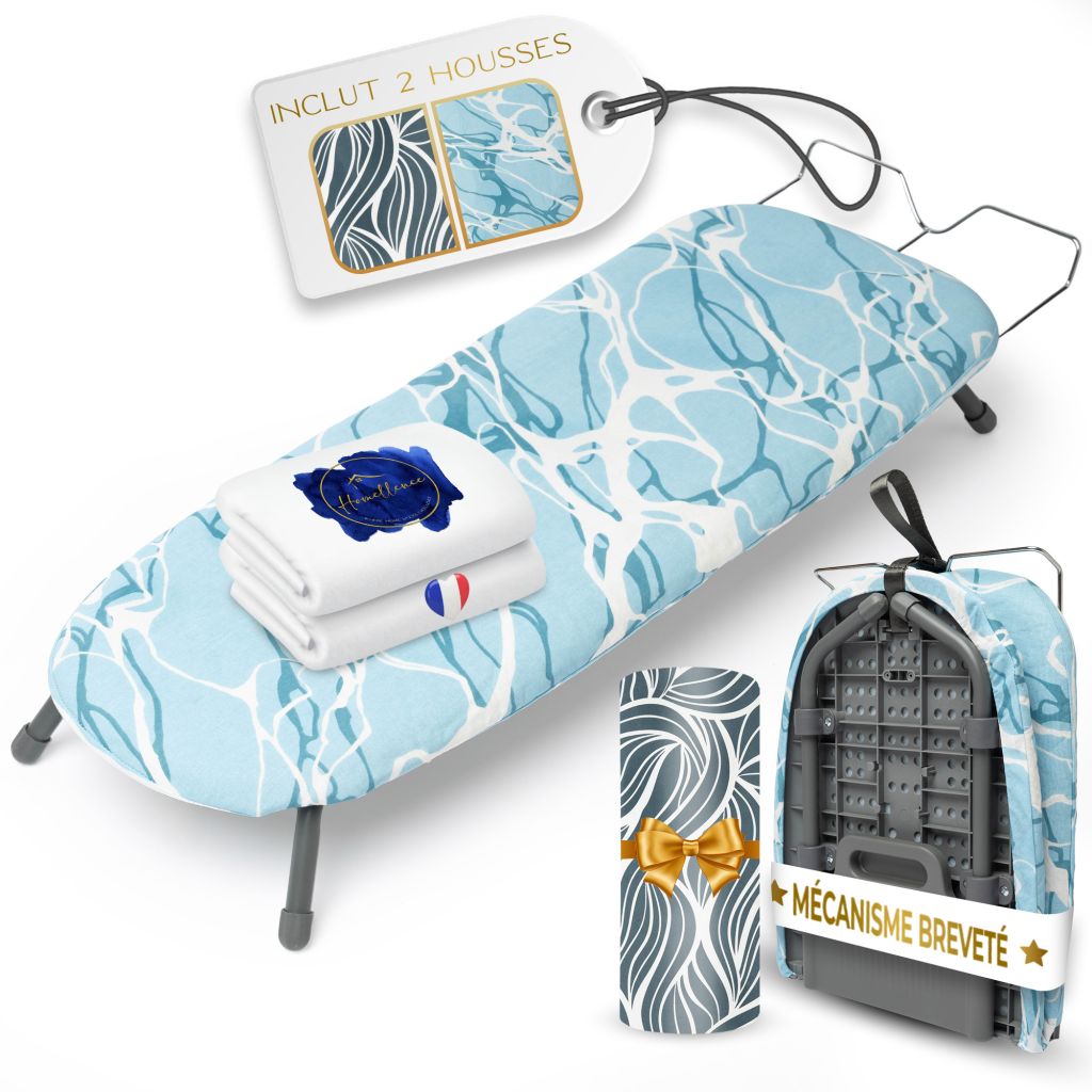 Planche à repasser de table Homellence bleue avec mécanisme breveté, incluant deux housses premium thermorésistantes et un design pliable.