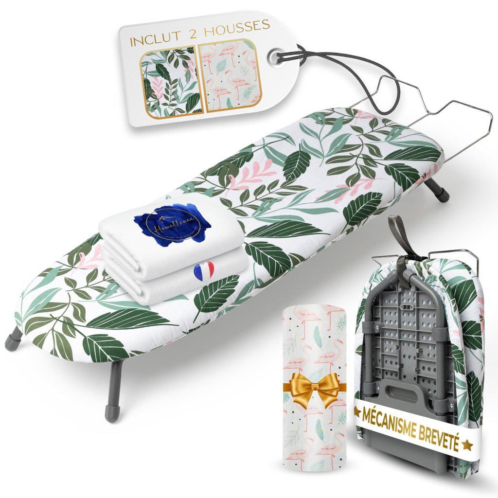 Mini planche à repasser de table Homellence avec motif feuilles vertes, incluant deux housses premium et un mécanisme breveté ultra-stable.