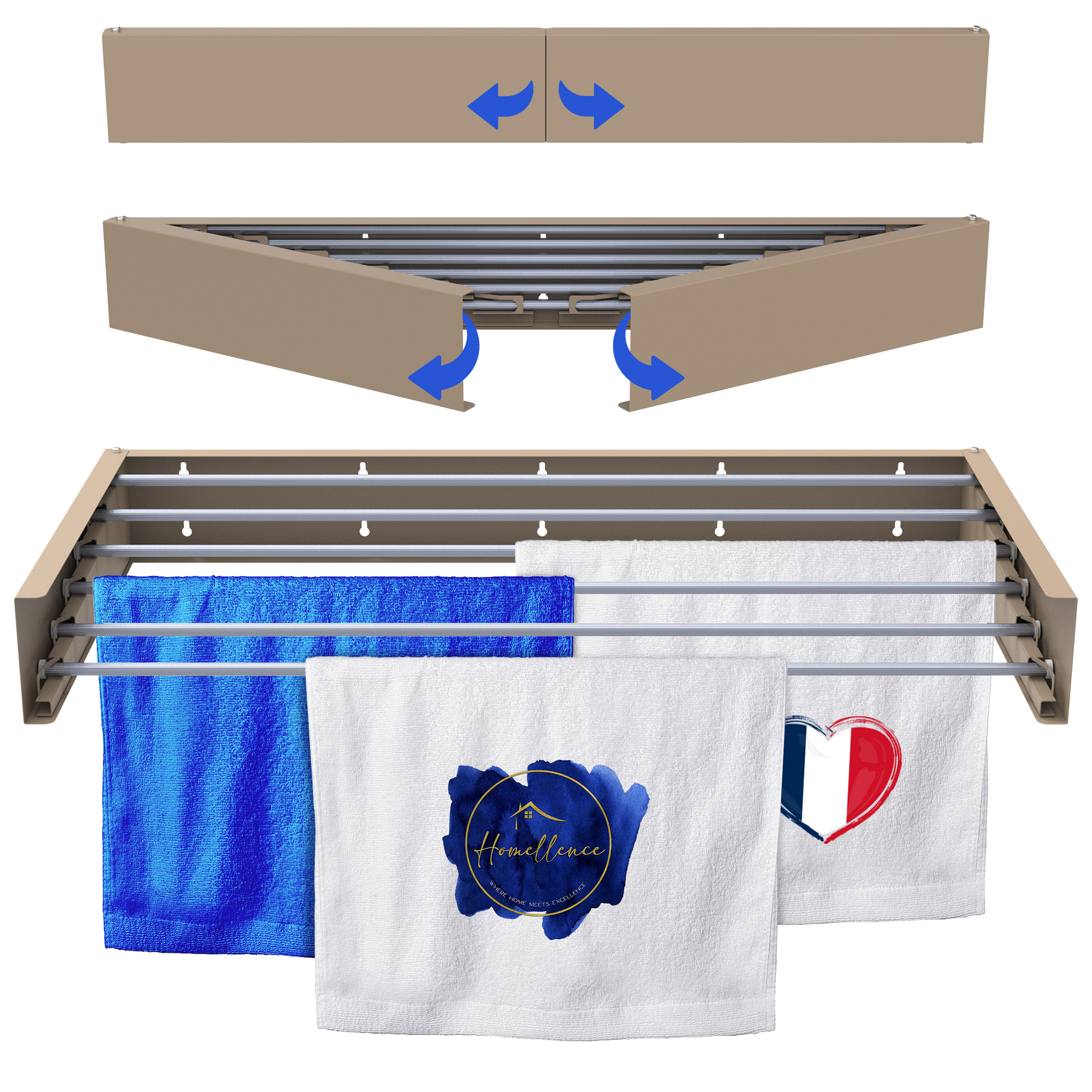 Séchoir mural Homellence coloris cappuccino de 100 cm avec barres en aluminium, design pliable et élégant pour un séchage gain de place.