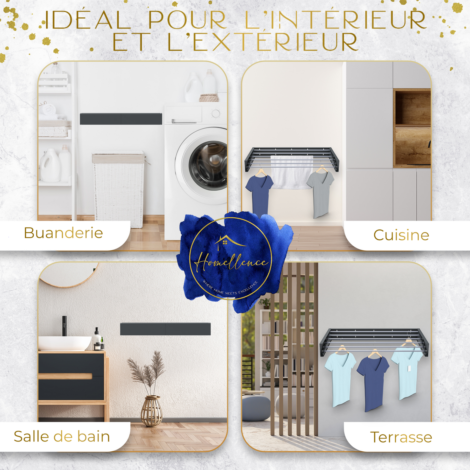 Exemples d'utilisation du séchoir anthracite : parfait pour la buanderie, la cuisine, la salle de bain ou la terrasse.