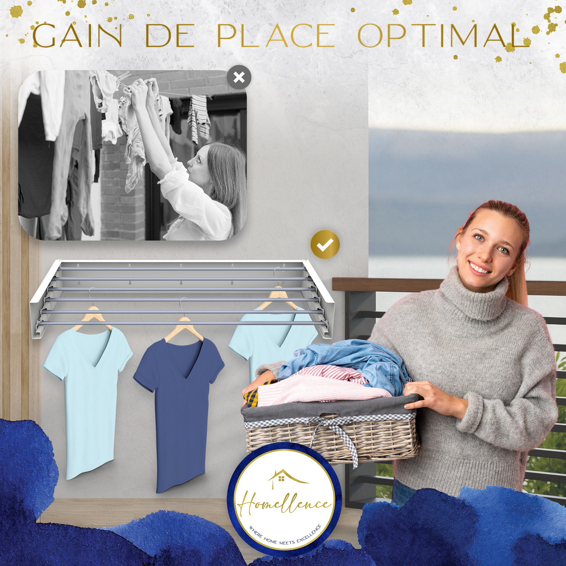 Comparatif gain de place : le séchoir mural blanc Homellence optimise l'espace sur les balcons ou dans les petites buanderies.