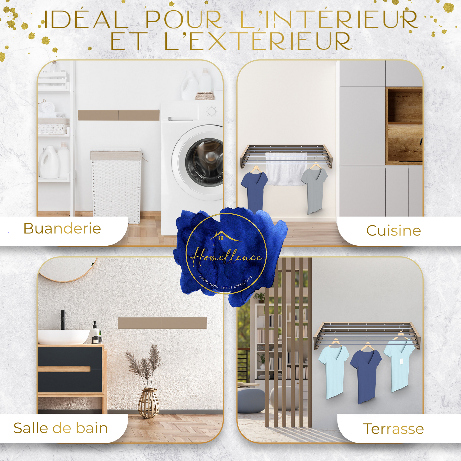 Polyvalence d'utilisation : le séchoir cappuccino avec barres en aluminium est parfait pour la salle de bain, la cuisine, la buanderie ou la terrasse.