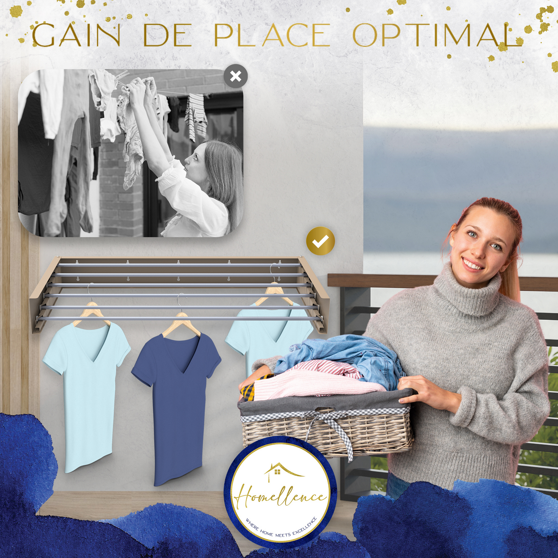 Avantages gain de place : l'étendoir mural Homellence cappuccino optimise l'espace sur les balcons et dans les buanderies par rapport aux modèles classiques.