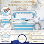 Infografica cesto biancheria azzurro: dimensioni 65x40 cm, capacità 42L, fori di ventilazione e materiale resistente privo di BPA.