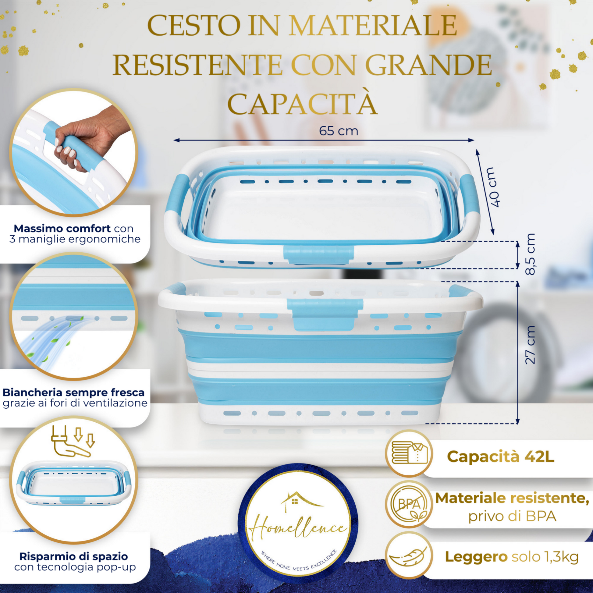 Infografica cesto biancheria azzurro: dimensioni 65x40 cm, capacità 42L, fori di ventilazione e materiale resistente privo di BPA.