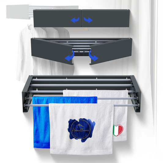 Stendibiancheria da parete Homellence antracite da 70 cm con aste in alluminio, design pieghevole e moderno per un'asciugatura salvaspazio.