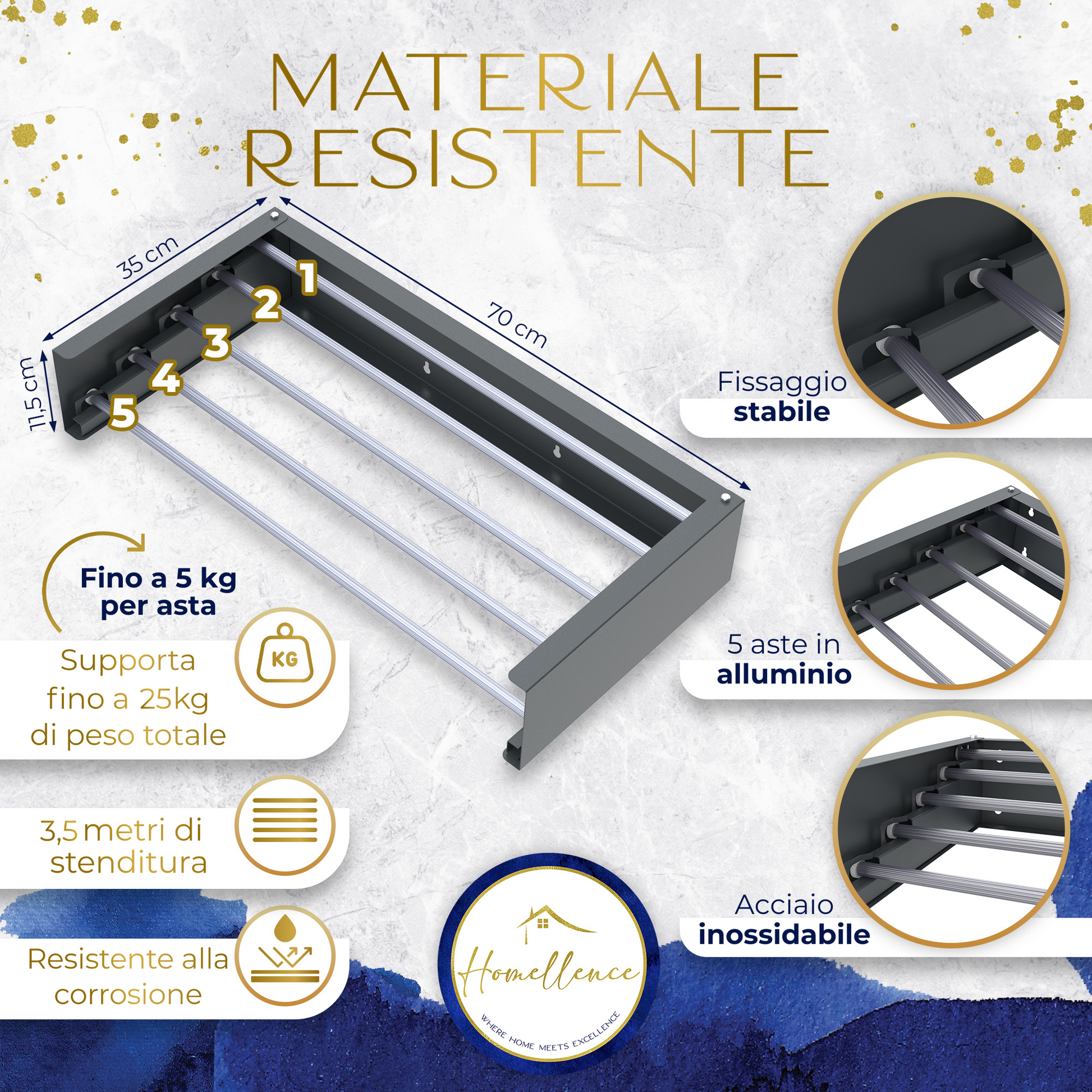 Dettagli tecnici stendino antracite 70 cm: 5 aste in alluminio, portata totale 25 kg, 3,5 metri di stenditura e struttura resistente alla corrosione.