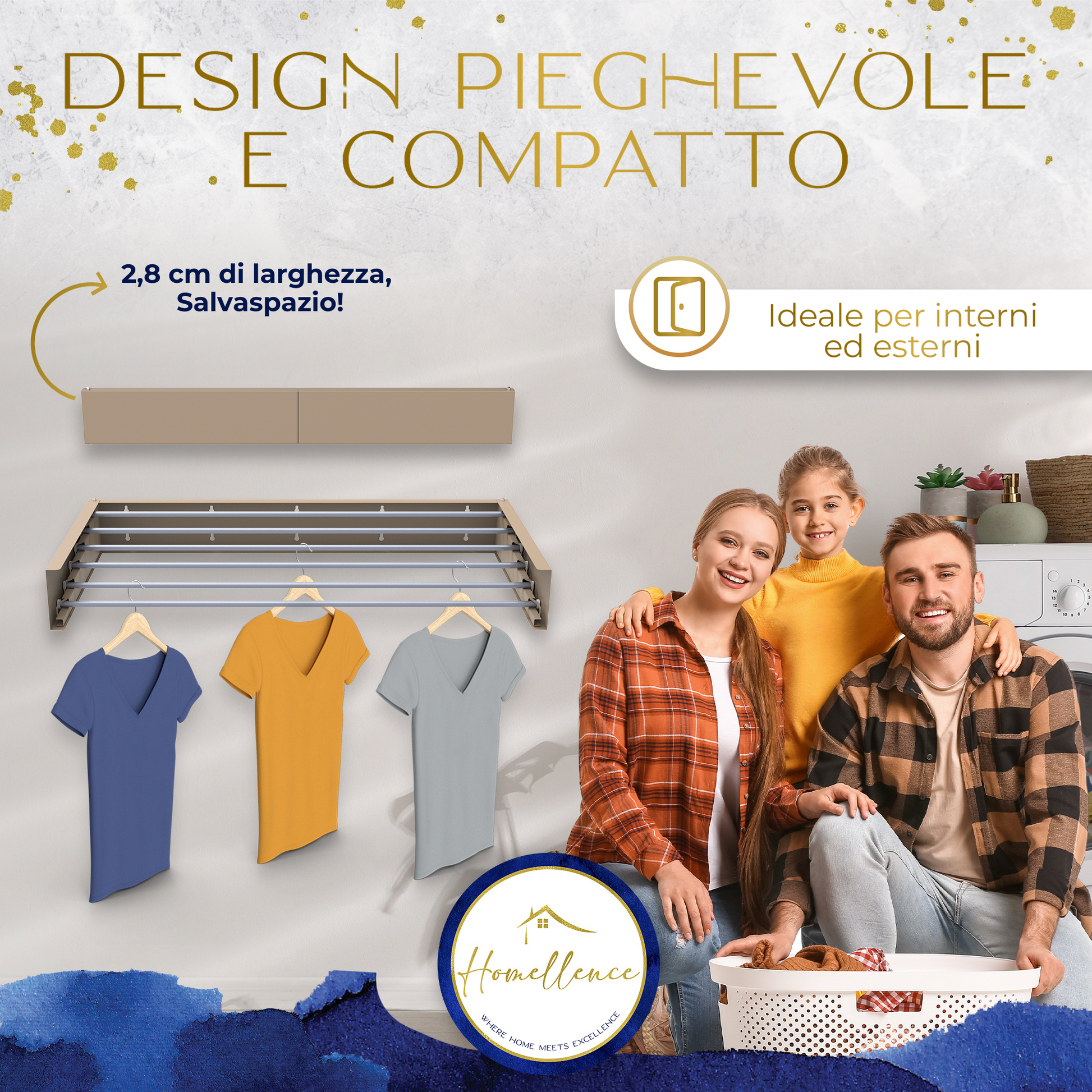 Design compatto e moderno: stendibiancheria Homellence color cappuccino, largo solo 2,8 cm da chiuso, ideale per interni ed esterni.
