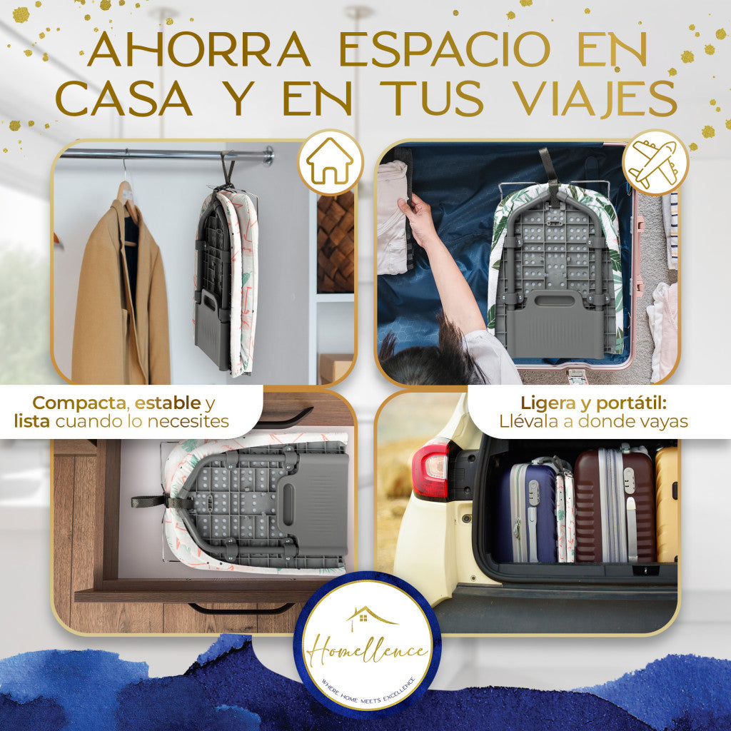 Solución Homellence para viajes: la tabla de planchar plegable es ligera y compacta, ideal para llevar en la maleta o guardar en el armario.