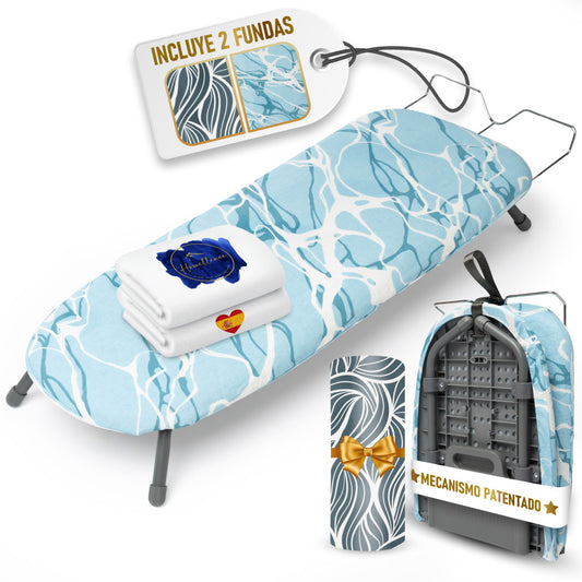 Tabla de planchar de sobremesa Homellence en color azul con mecanismo patentado, incluye dos fundas premium y diseño plegable.