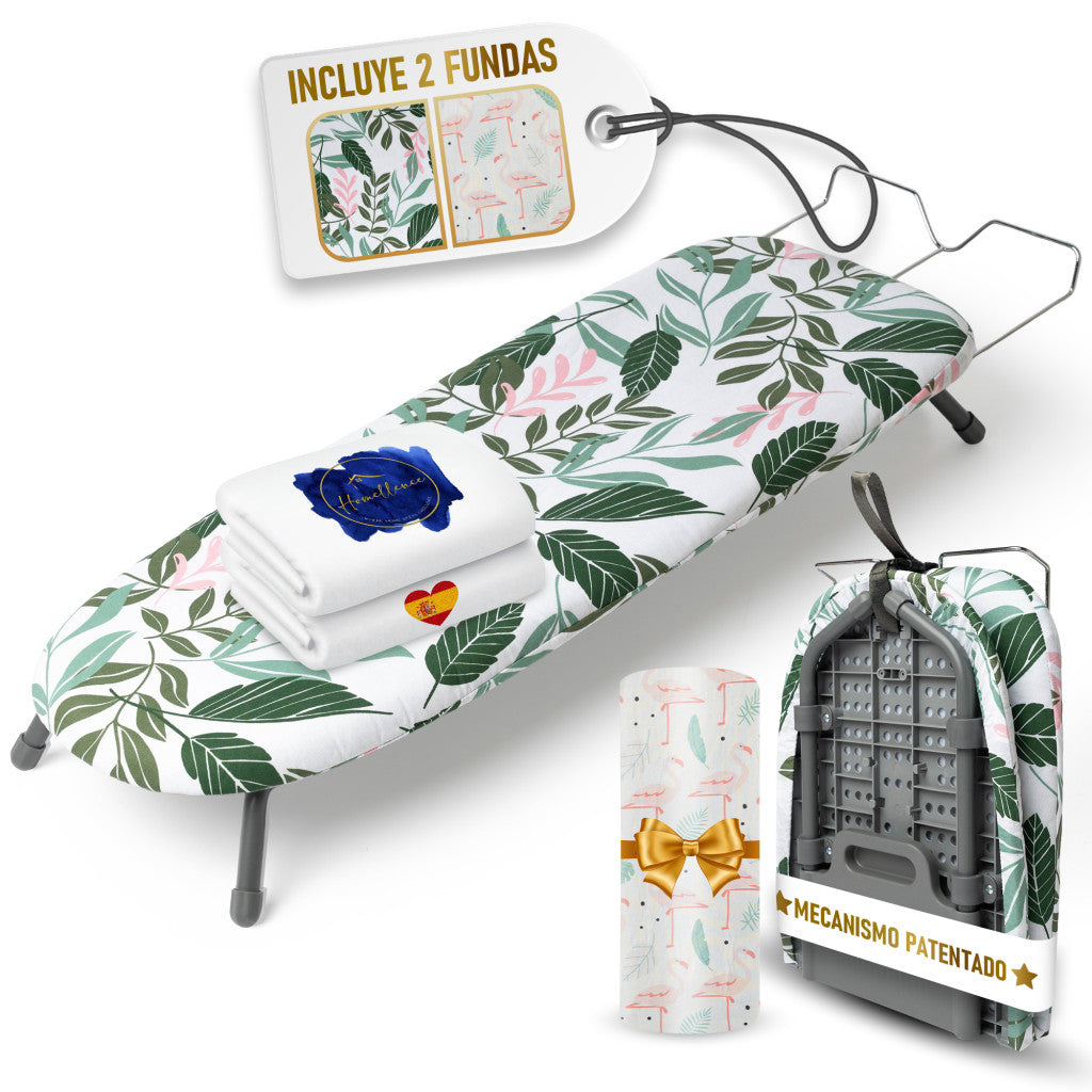 Tabla de planchar de sobremesa Homellence con diseño de hojas verdes, incluye dos fundas premium y mecanismo patentado ultraestable.