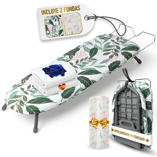 Tabla de planchar de sobremesa Homellence con diseño de hojas verdes, incluye dos fundas premium y mecanismo patentado ultraestable.