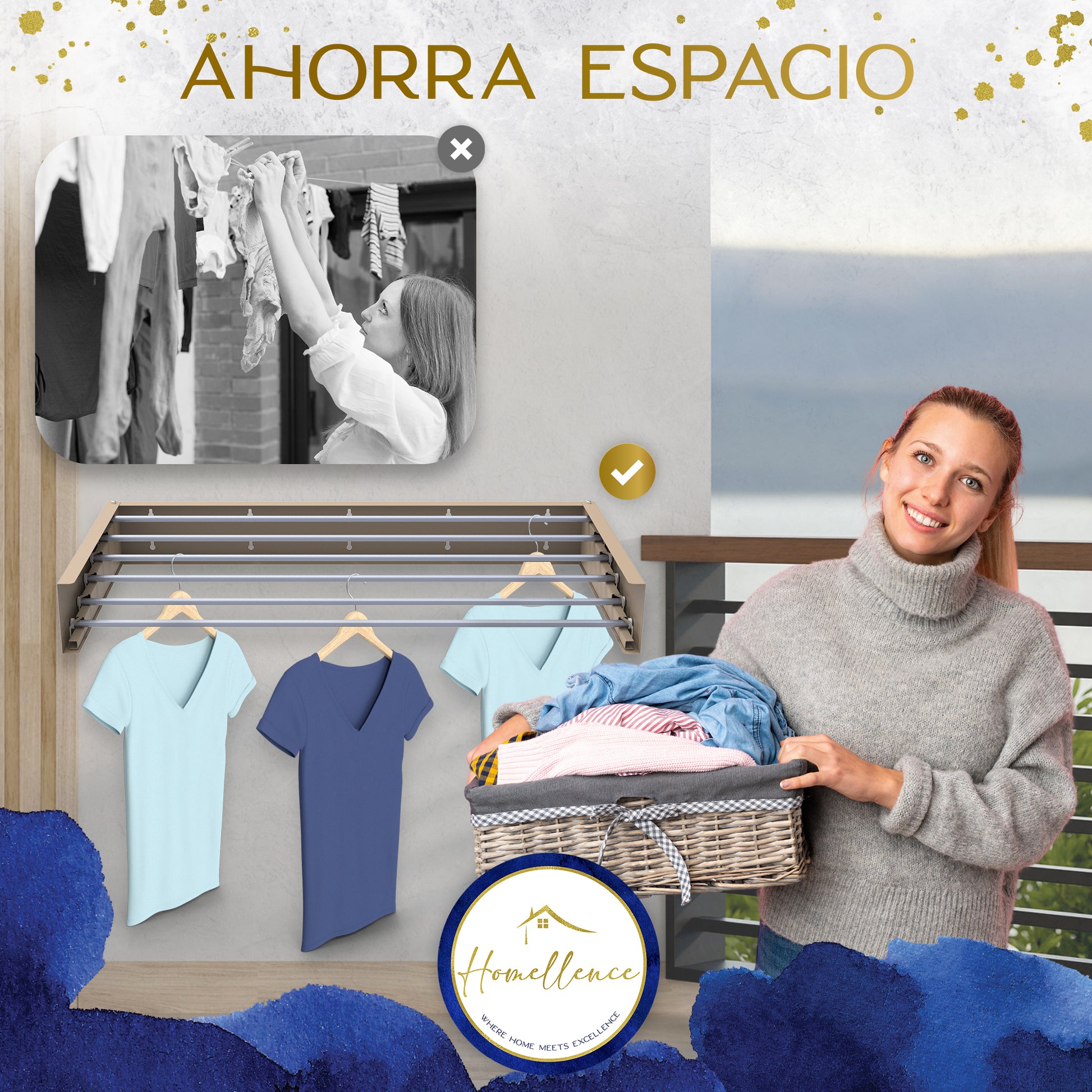 Ventajas de ahorro de espacio Homellence: el tendedero de pared de 100 cm optimiza el área de lavado frente a los métodos de tendido tradicionales.