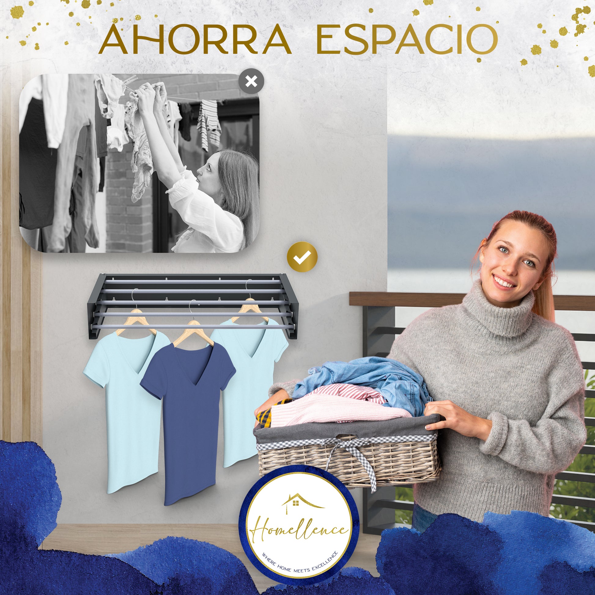 Ventajas de ahorro de espacio: el tendedero Homellence antracita optimiza el área en balcones y lavaderos pequeños frente a modelos comunes.