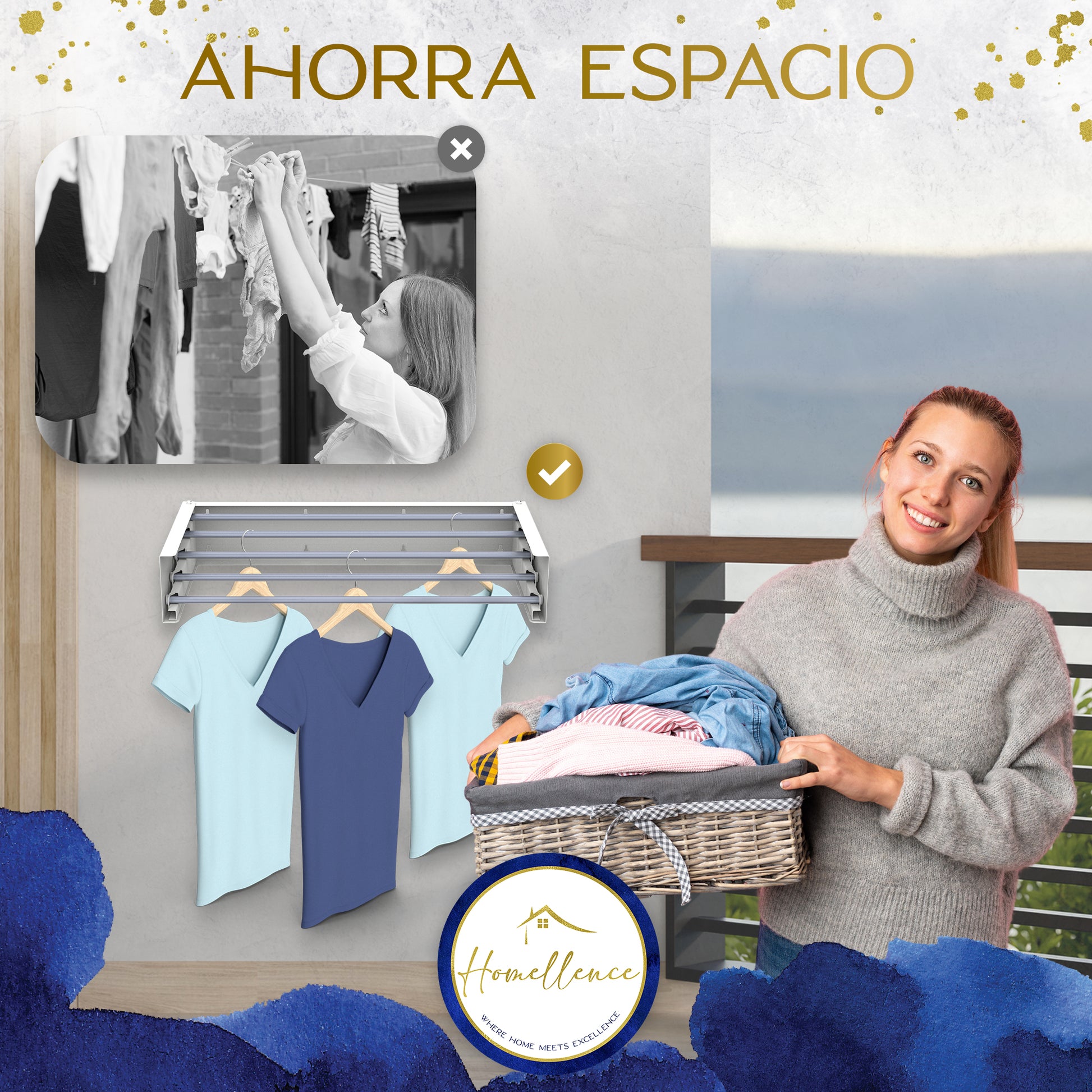Ventajas de ahorro de espacio Homellence: el tendedero blanco de 70 cm optimiza el área de lavado en balcones o lavaderos pequeños.