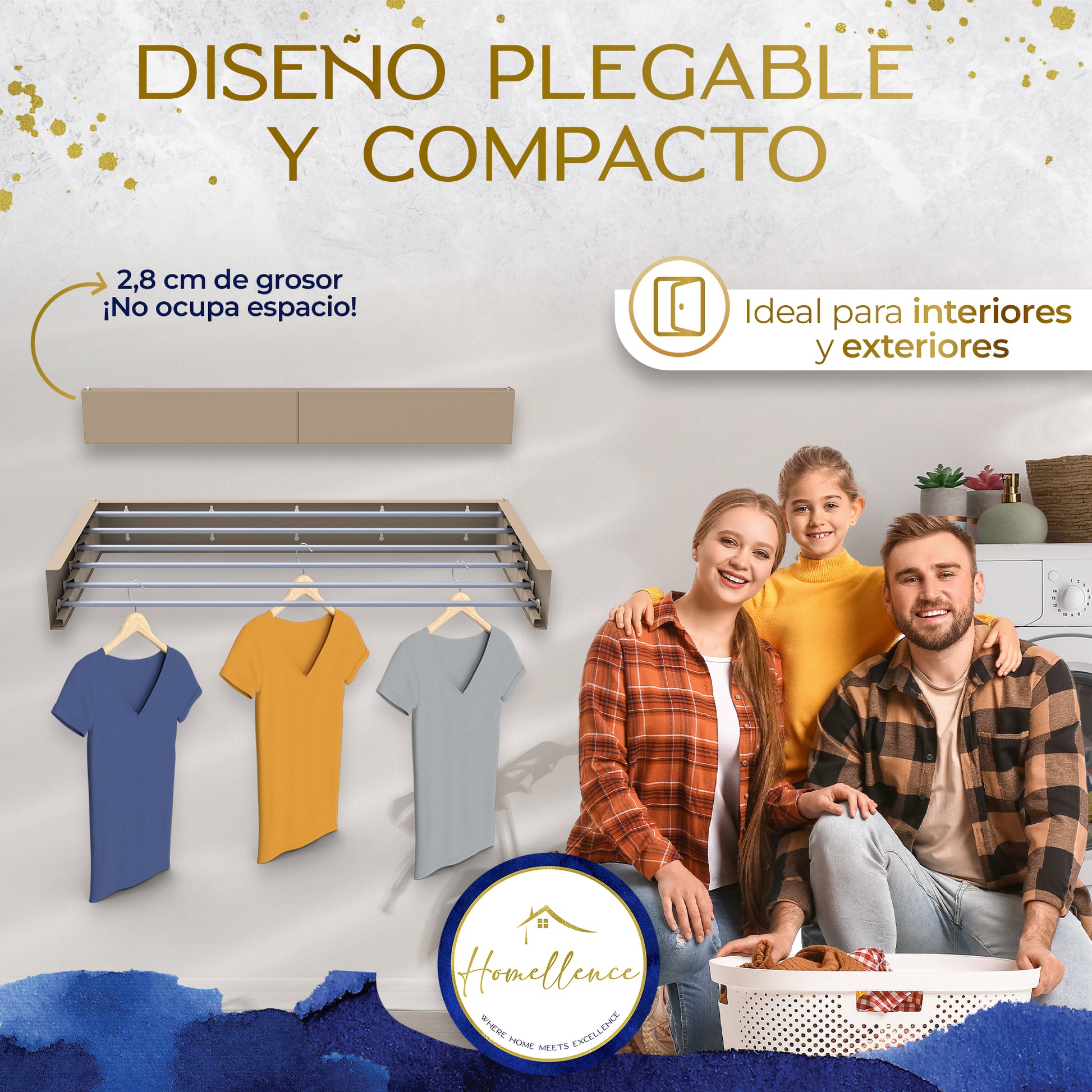 Diseño elegante y compacto Homellence: el tendedero color cappuccino de 100 cm mide solo 2,8 cm de grosor cerrado, ideal para interiores.