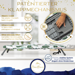 Detailgrafik zum patentierten Homellence Klappmechanismus für Tischbügelbretter: Absolute Stabilität ohne Wackeln und eine glatte Bügelfläche ohne störende Rillen.