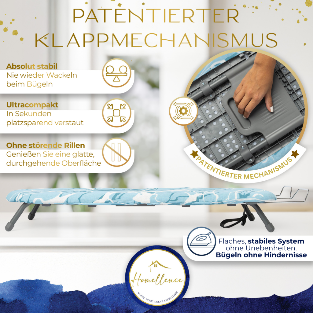 Infografik zum patentierten Klappmechanismus des Homellence Bügelbretts: Garantiert absolute Stabilität ohne Wackeln und eine glatte, durchgehende Bügelfläche.