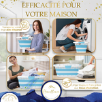 Exemples d'utilisation du panier à linge bleu Homellence : transport facile du linge et chargement de la machine avec élégance.