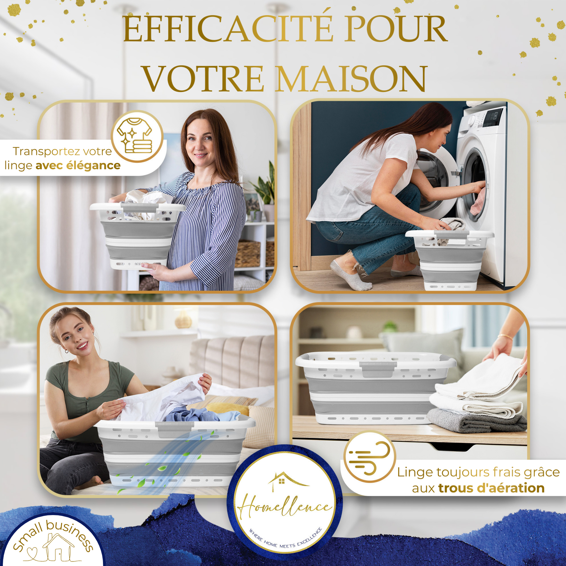 Exemples d'utilisation du panier à linge gris Homellence : transport facile du linge et chargement de la machine avec élégance.