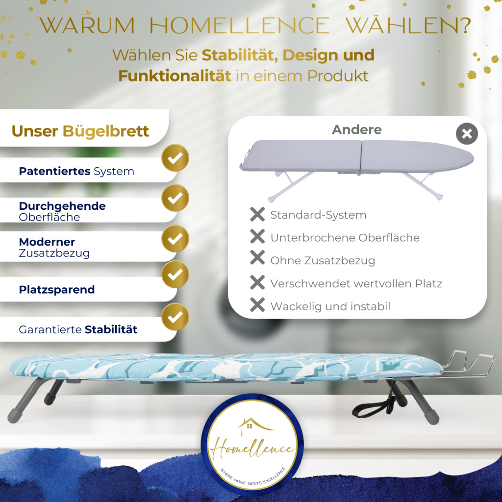 Qualitätsvergleich: Warum Homellence durch ein patentiertes System, durchgehende Oberfläche und garantierte Stabilität besser als Standard-Bügelbretter ist.