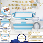 Technische Infografik zum faltbaren Homellence Wäschekorb: Maße 65x40 cm, 42L Volumen, Belüftungslöcher für frische Wäsche und BPA-freies Material.