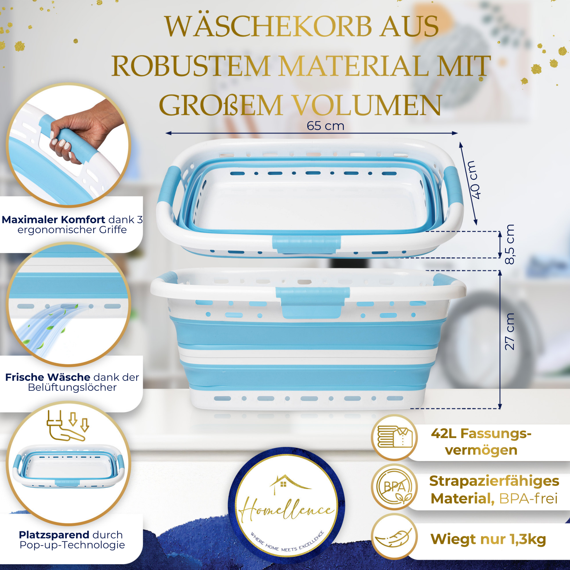 Technische Infografik zum faltbaren Homellence Wäschekorb: Maße 65x40 cm, 42L Volumen, Belüftungslöcher für frische Wäsche und BPA-freies Material.