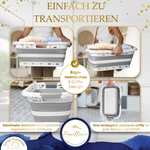 Infografik zum ergonomischen 3-Griffe-Design des grauen Wäschekorbs für hohen Tragekomfort und uneingeschränkte Bewegungsfreiheit.