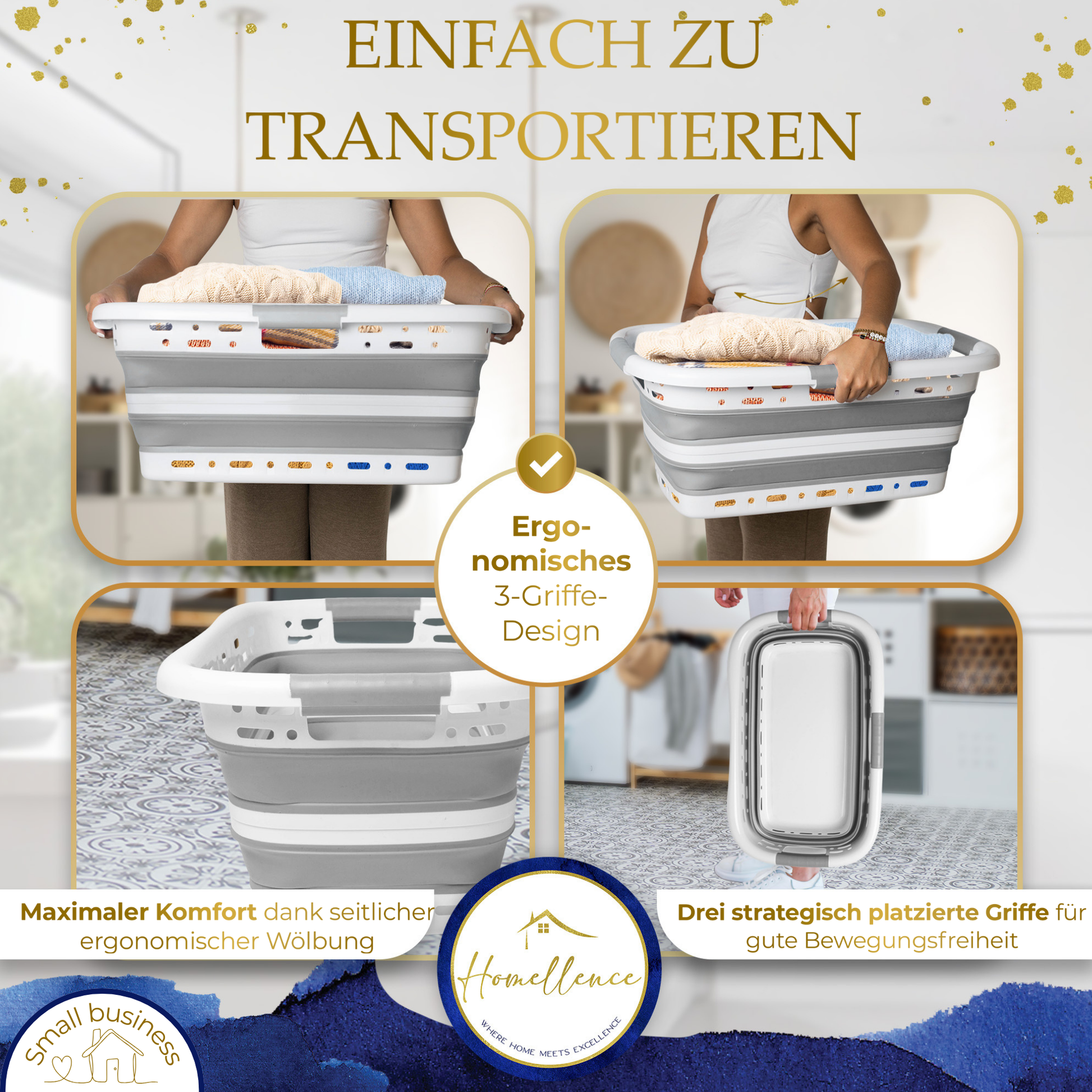 Infografik zum ergonomischen 3-Griffe-Design des grauen Wäschekorbs für hohen Tragekomfort und uneingeschränkte Bewegungsfreiheit.