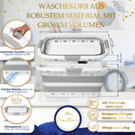 Produktdetails zum grauen Homellence Wäschekorb: 65 cm Breite, 42L Volumen, BPA-freies Material und integrierte Belüftungslöcher für frische Kleidung.