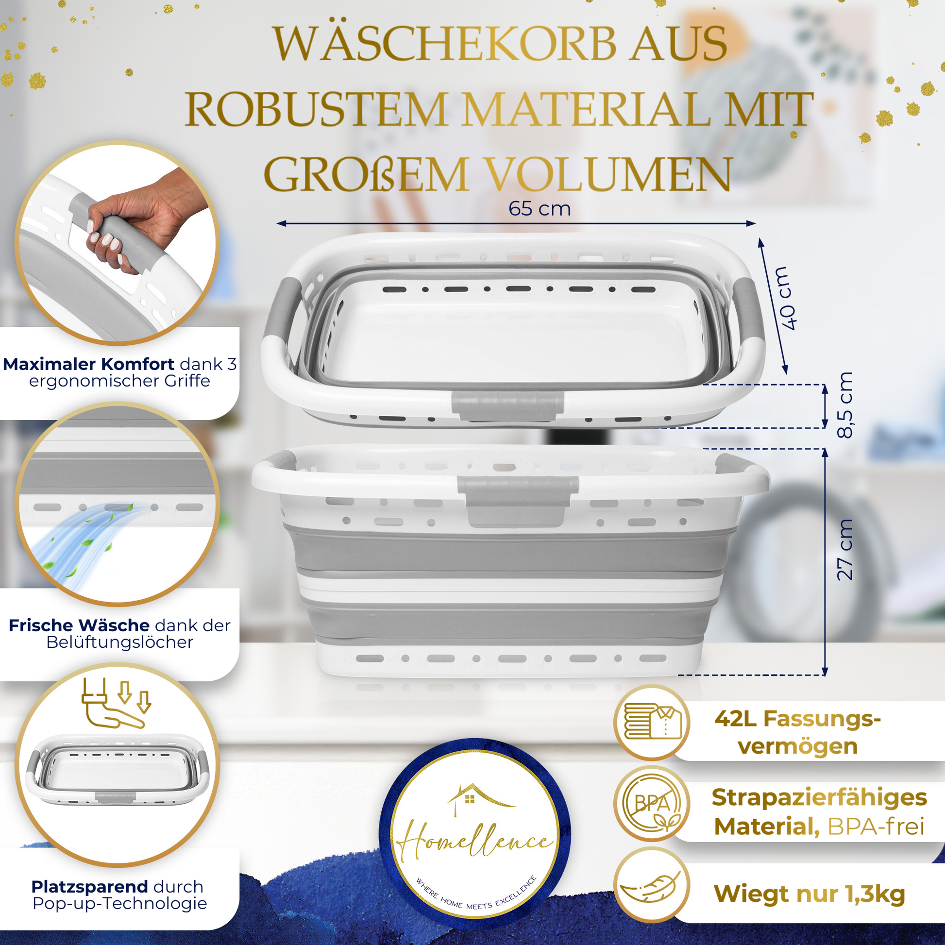 Produktdetails zum grauen Homellence Wäschekorb: 65 cm Breite, 42L Volumen, BPA-freies Material und integrierte Belüftungslöcher für frische Kleidung.