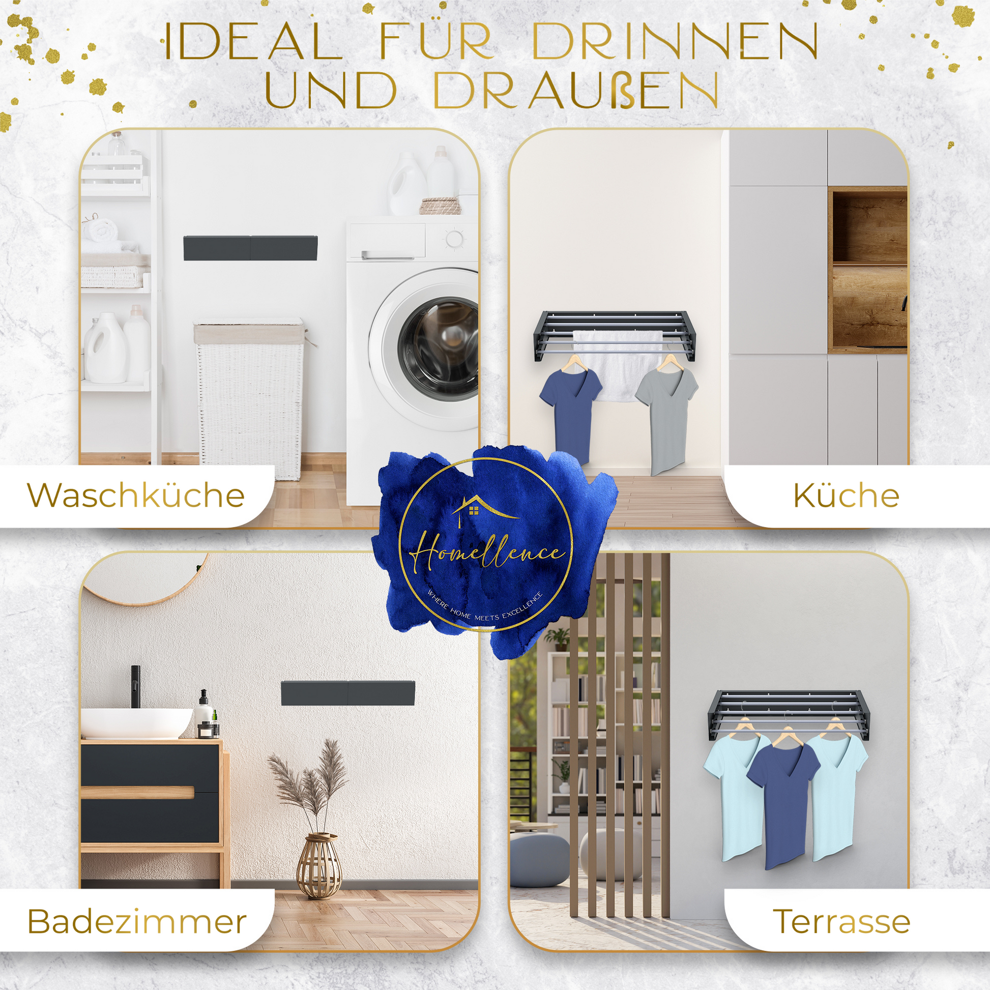 Vielseitige Einsatzgebiete des anthrazitfarbenen 70 cm Wand-Wäscheständers: Perfekt für Waschküche, Küche, Badezimmer oder die Terrasse.