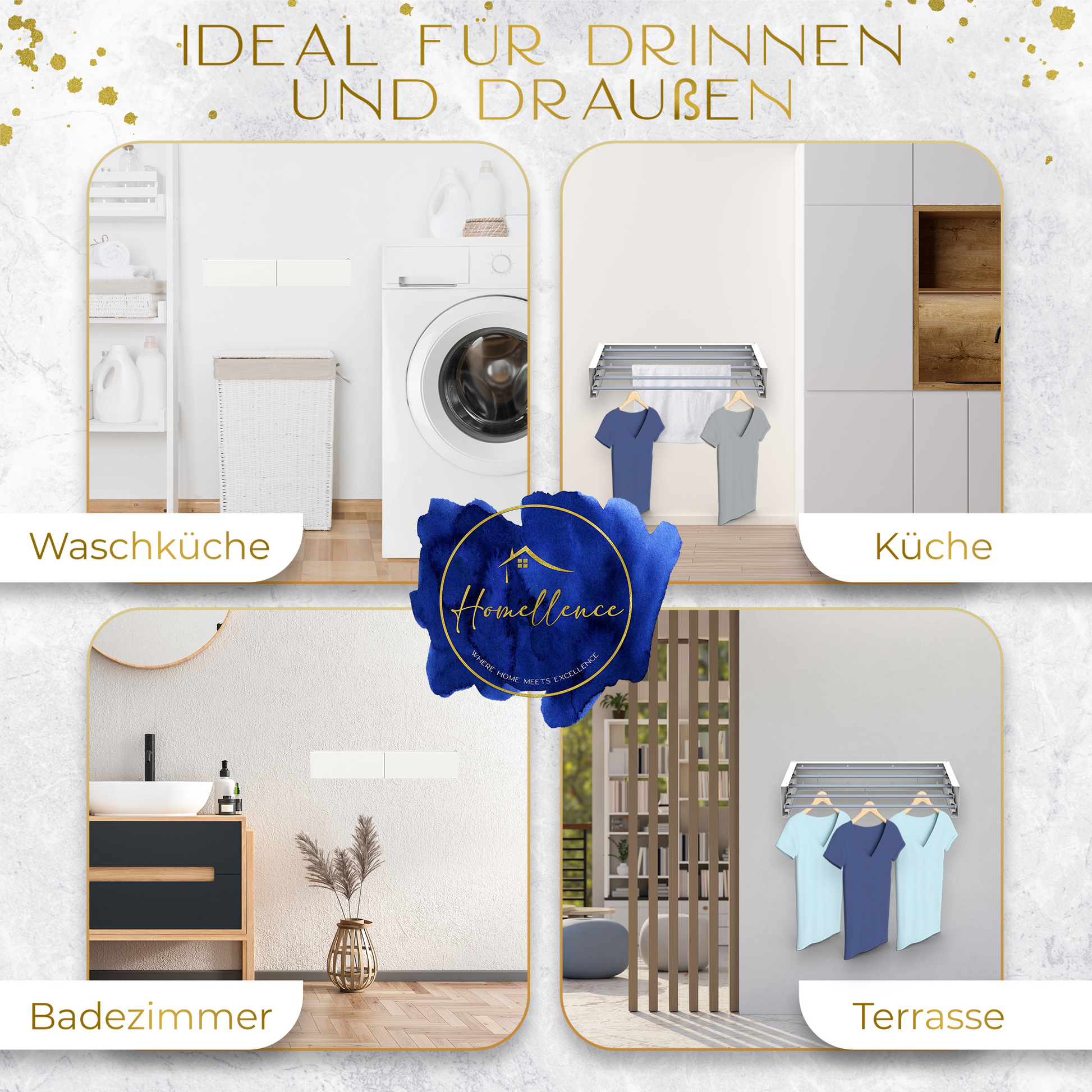 Vielseitige Einsatzgebiete des 70 cm Wand-Wäscheständers: Perfekt für Waschküche, Küche, Badezimmer oder die Terrasse.