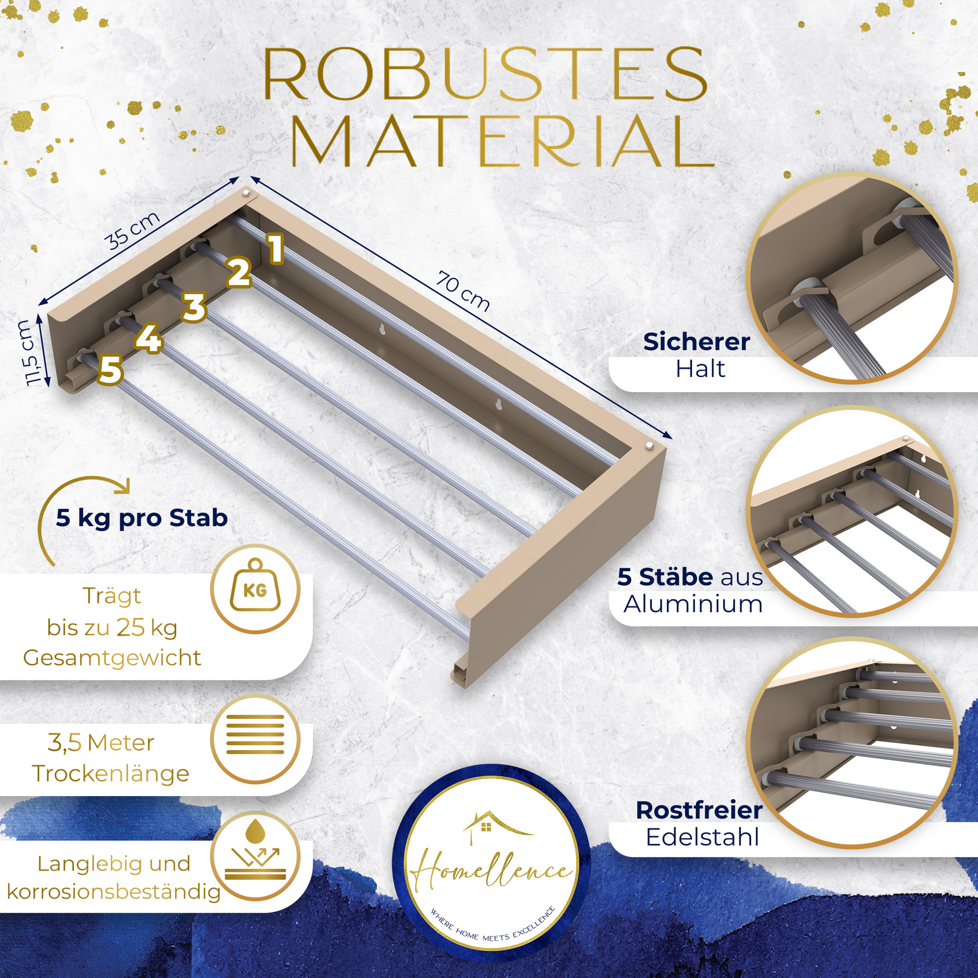 Technische Details zum 70 cm Homellence Wand-Wäschetrockner in Cappuccino: 3,5 Meter Trockenlänge, 25 kg Tragkraft und rostfreie Aluminium-Stäbe