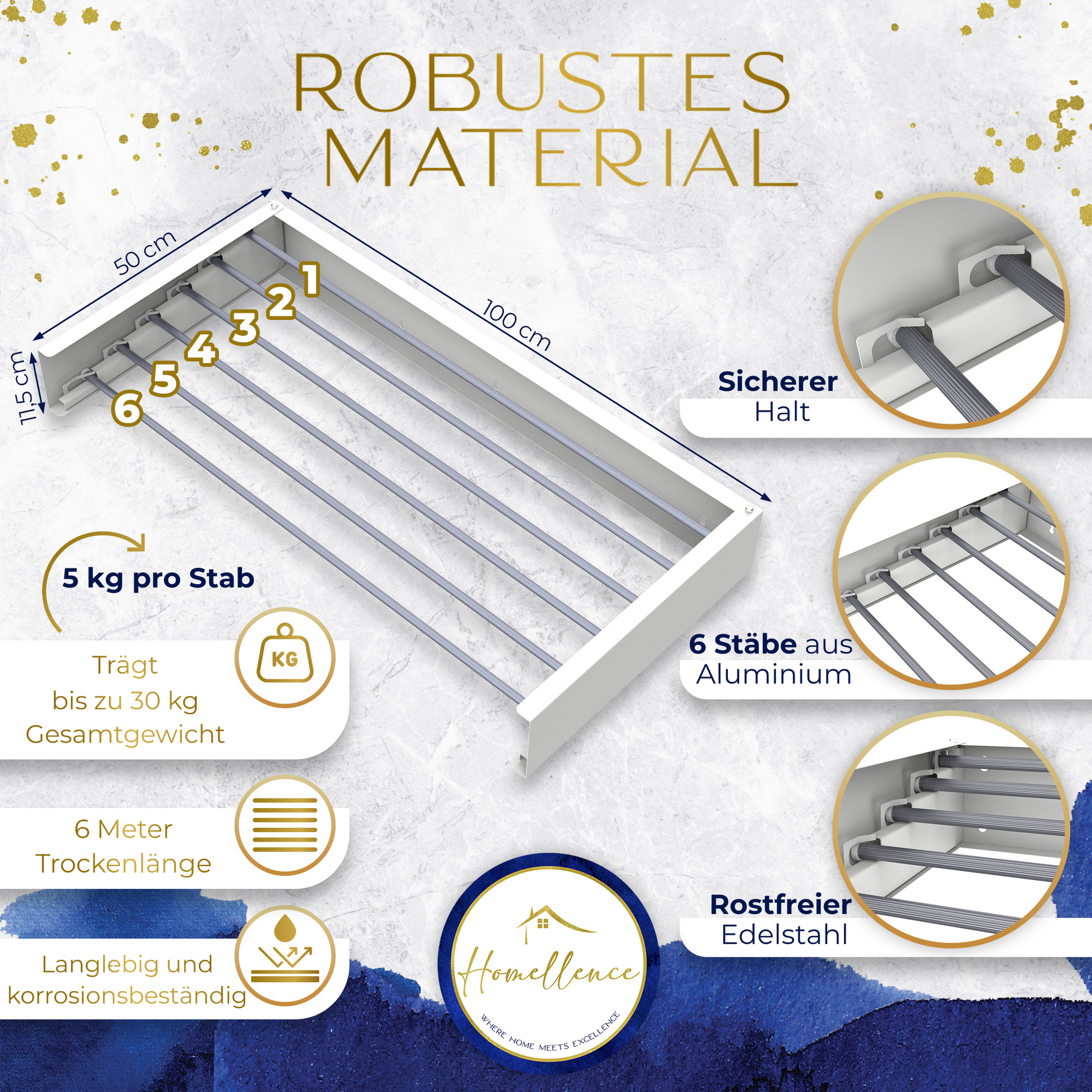 Technische Grafik zum Homellence Wand-Wäschetrockner: 100 cm Breite, 6 Meter Trockenlänge und bis zu 30 kg Tragkraft durch Aluminium- und Edelstahl-Stäbe.