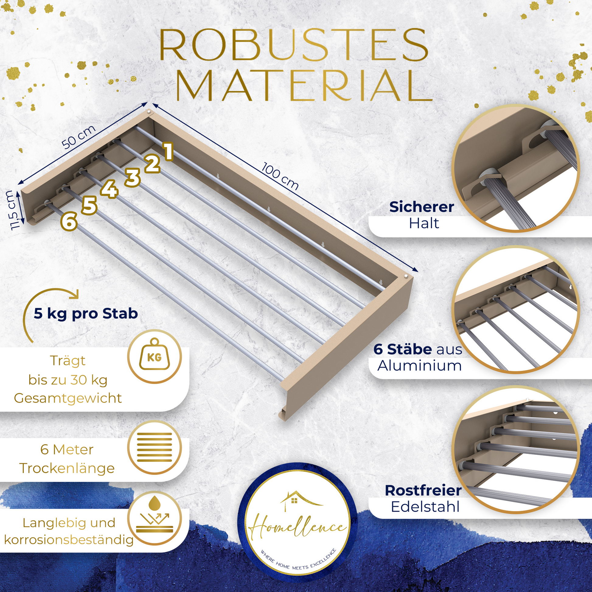 Technische Grafik zum Homellence Wand-Wäschetrockner in Cappuccino: 100 cm Breite, 30 kg Gesamttragkraft und korrosionsbeständige Edelstahl-Stäbe.